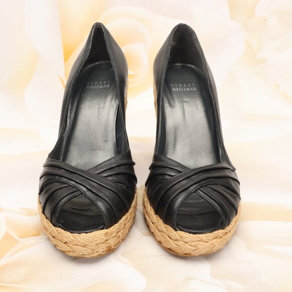 Stuart Weitzman Peep Toe Espadrille Wedge Heels Shoes 7M Black Leather - Picture 2 of 10